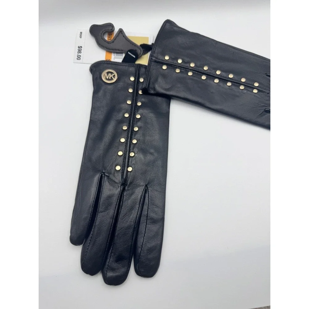 NWT Michael Kors Black Astor Leather Studded Tech Gloves Women's Size S MSRP $98